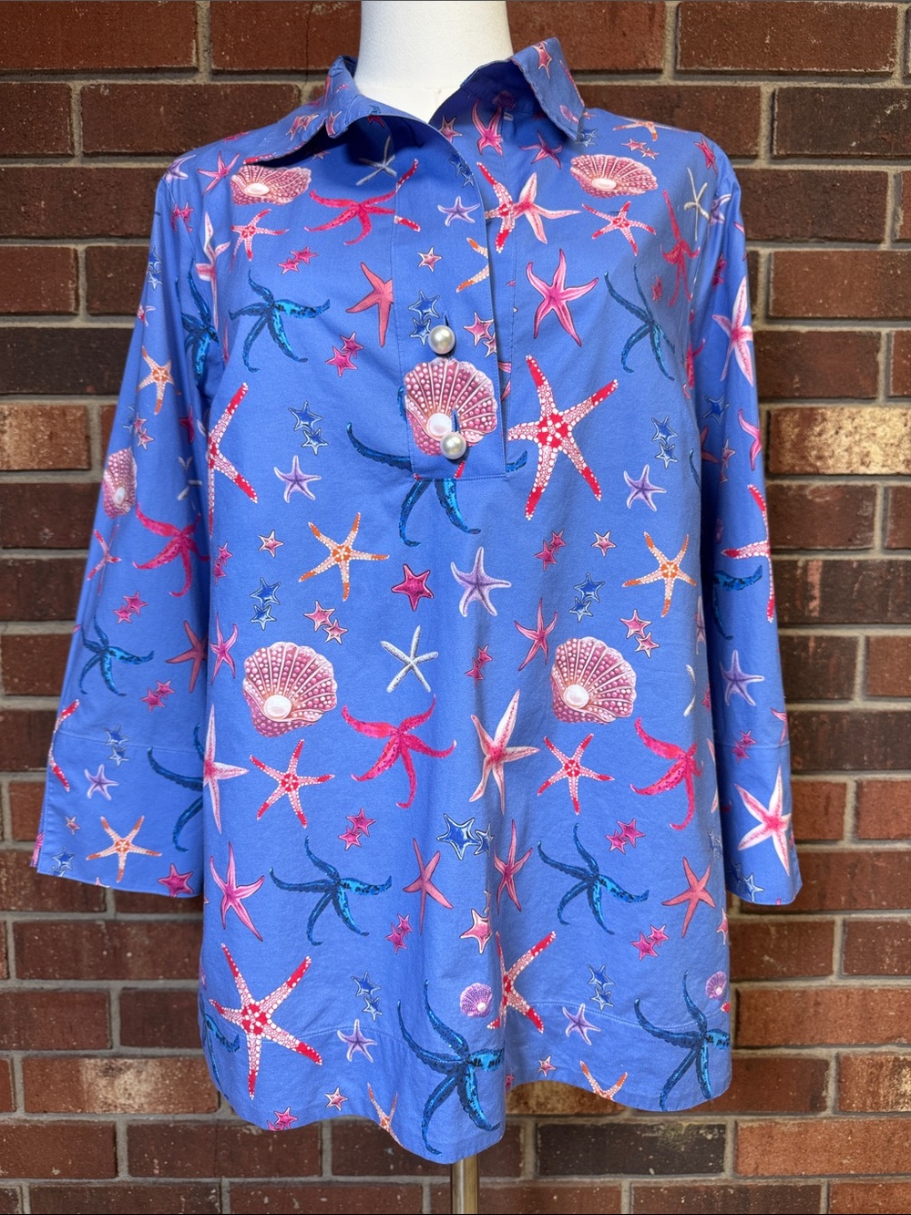 Hinson Wu Blue Starfish & Seashell Print 3/4 Sleeve Popover Shirt Size Small
